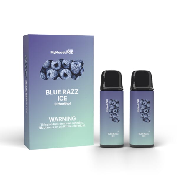 MyMoods POD BLUE RAZZ ICE（ニコチン3%）箱と POD 2本