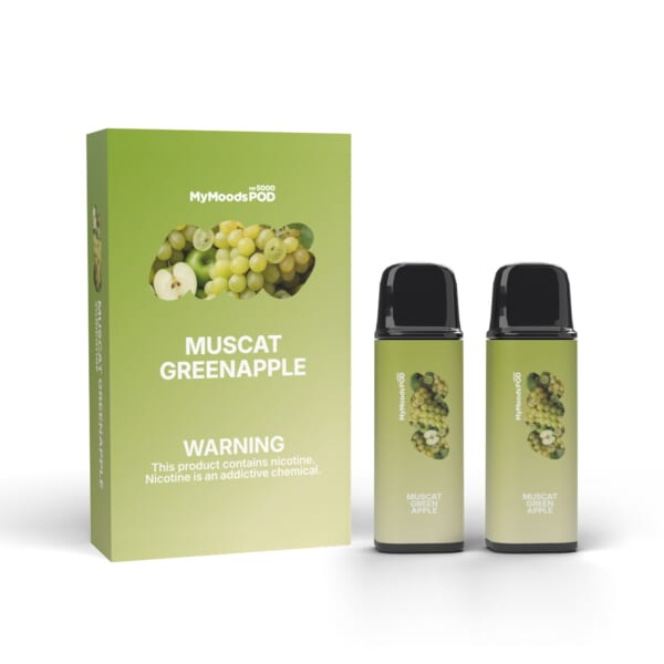 MyMoods POD MUSCAT GREEN APPLE（ニコチン3%）箱と POD 2本