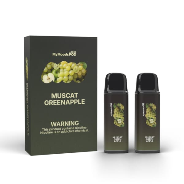MyMoods POD MUSCAT GREEN APPLE（ニコチン5%）箱と POD 2本